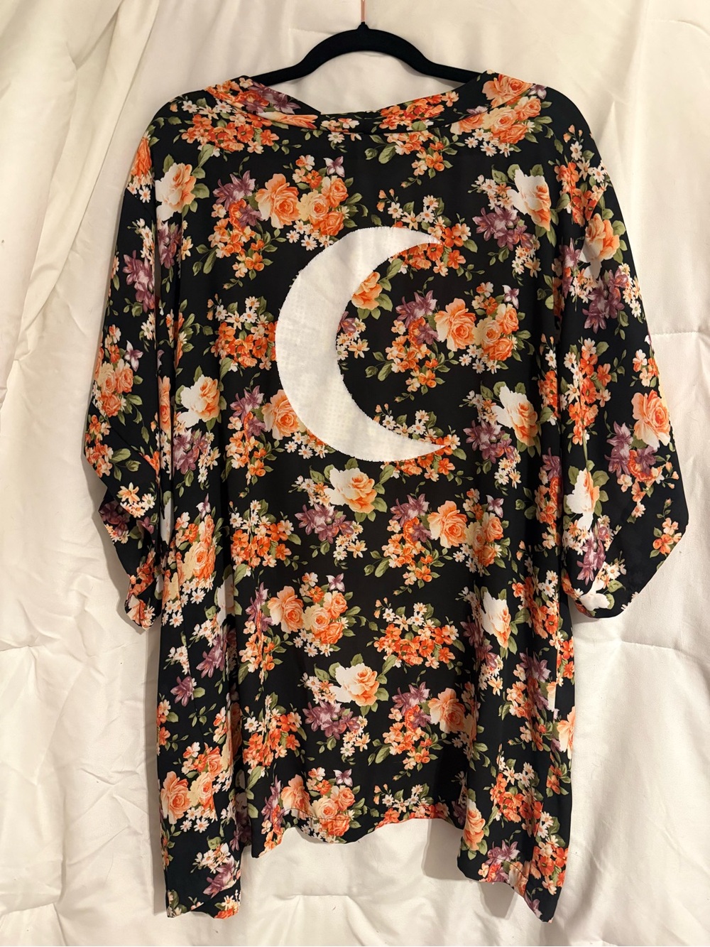 Gypsy Warrior Black Floral Kimono with Peach and Cream Blooms
